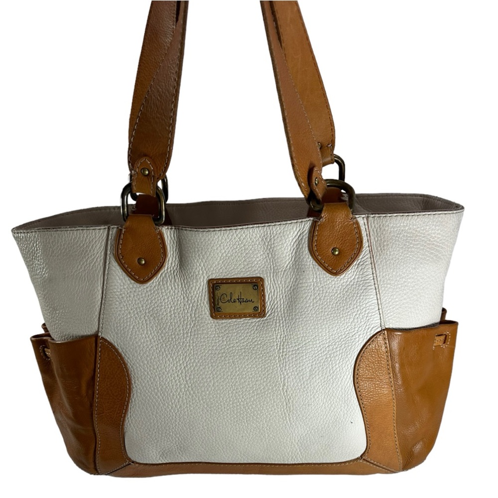 Vintage COLE HAAN white pebbled tan leather tote bag multi pockets
